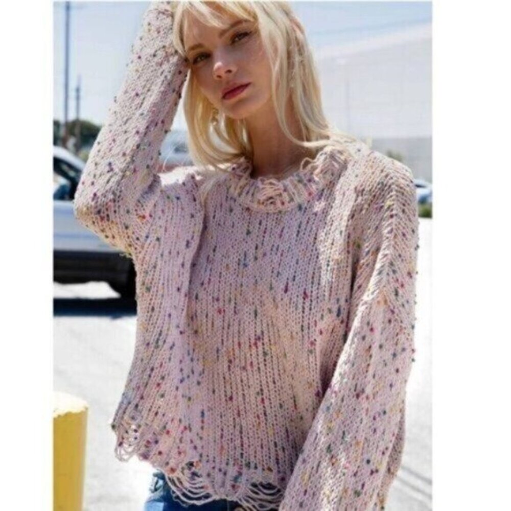 POL Distressed Confetti Sweater S Gray NEW Knit Cropped Long Sleeve Pullover - Picture 6 of 6